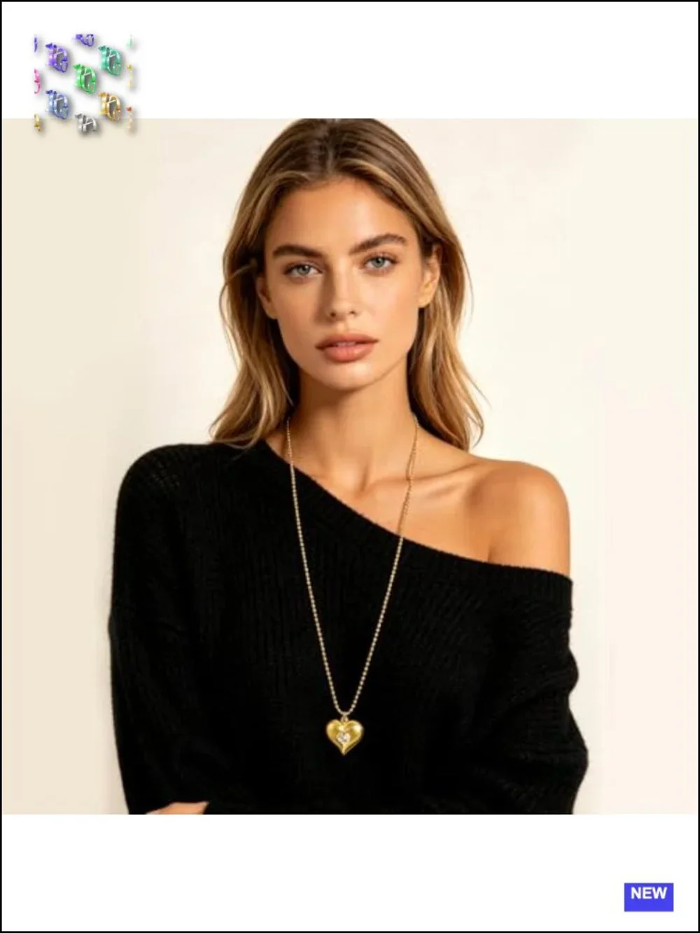 Long Gold Plated Heart Pendant Beaded Ball Chain Necklace 32 inches